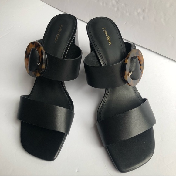 & Other Stories Black Leather 2 Strap Tortoise Buckle Heeled Sandals Made Spain - Picture 6 of 9